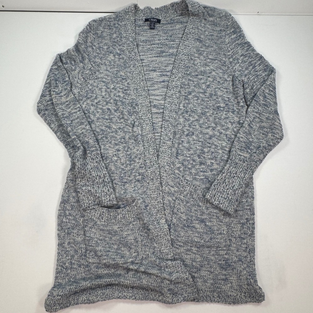 Chaps Womens XL Blue White Marled Knit Open Front Longline Cardigan Sweater